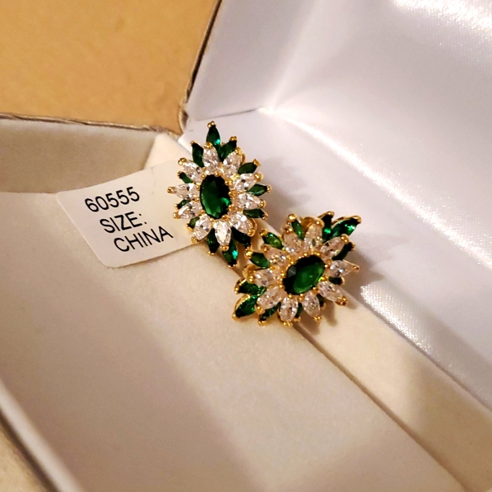 Simulated emerald oval cut gold plated earrings